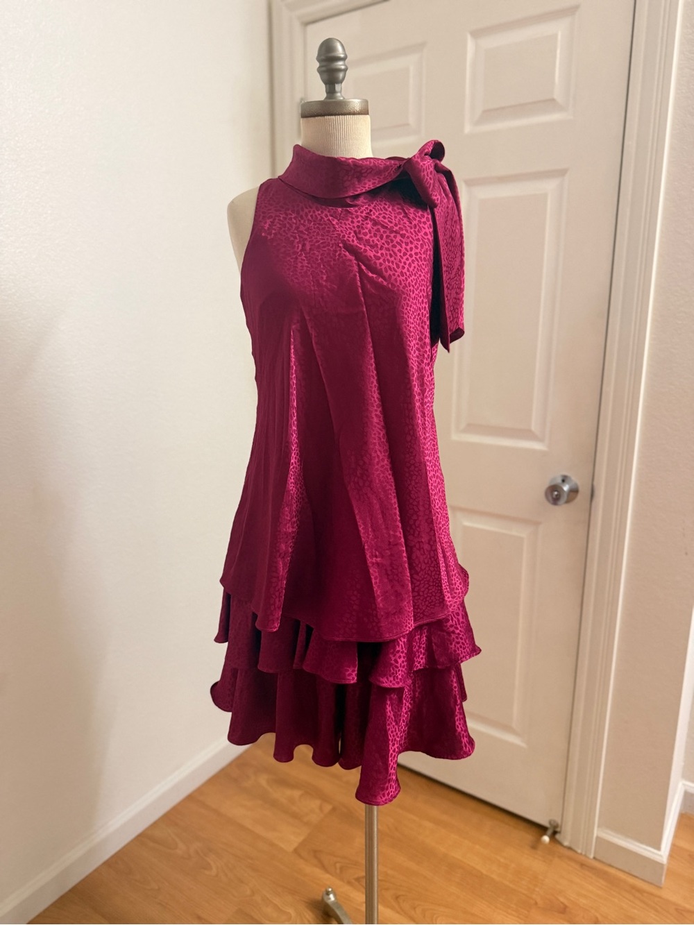 Fuchsia Leopard Print Sleeveless Tiered Ruffle Dress with Neck Tie